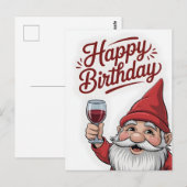 "Happy Birthday" Wine-Toasting Gnome ポストカード (正面/裏面)