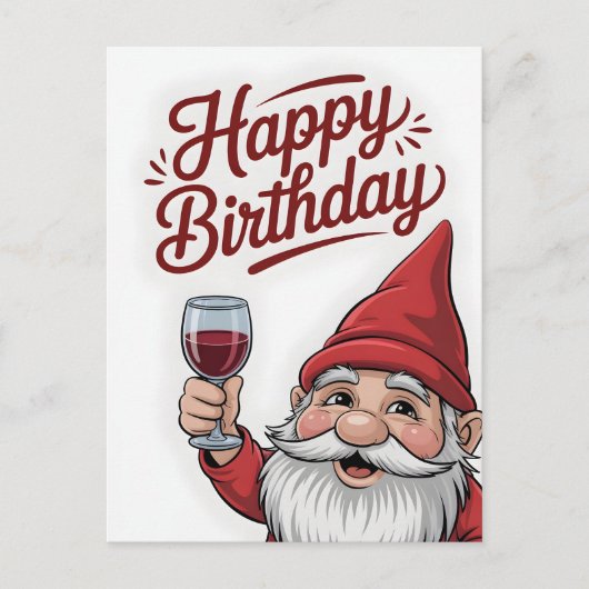 "Happy Birthday" Wine-Toasting Gnome ポストカード (正面)