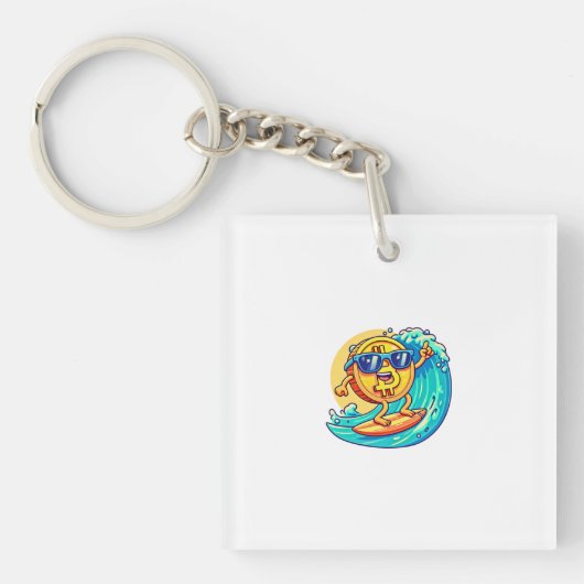 Happy Bitcoin Wearing Sunglasses Surfing a Blockch キーホルダー (正面)