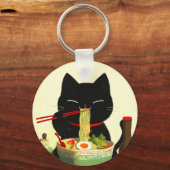 Happy Black Cat Eating Ramen | Japanese Ukiyo-e キーホルダー (正面)