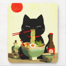 Happy Black Cat Eating Ramen | Japanese Ukiyo-e マウスパッド