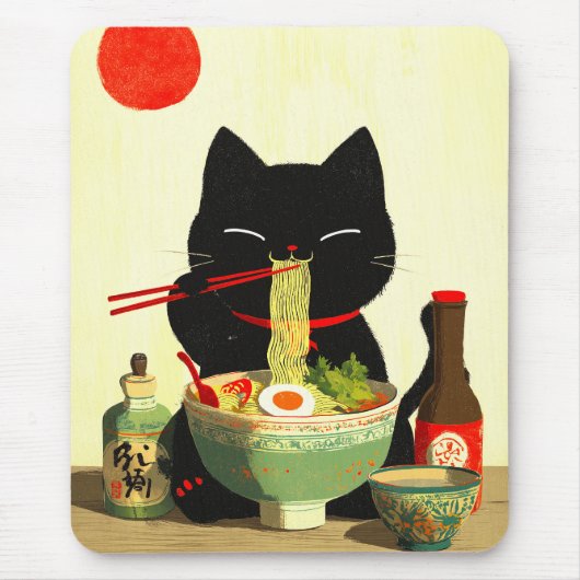 Happy Black Cat Eating Ramen | Japanese Ukiyo-e マウスパッド (正面)