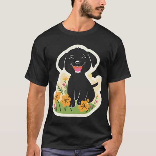 Happy Black Puppy in Wildflowers Tシャツ (正面)