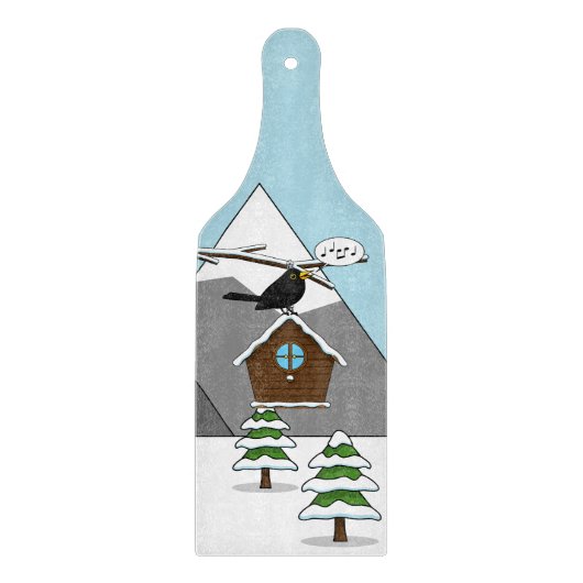 Happy Blackbird Singing in Winter Landscape カッティングボード (正面)