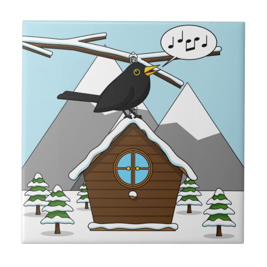 Happy Blackbird Singing in Winter Landscape タイル (正面)