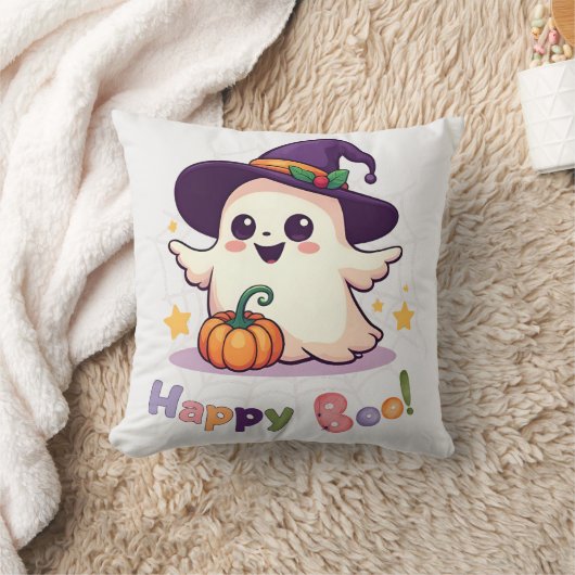  Happy Boo Cute Ghost Throw Pillow クッション (ブランケット)