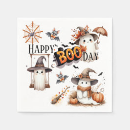 Happy BOO Day Cute Watercolor Ghost Fall スタンダードカクテルナプキン