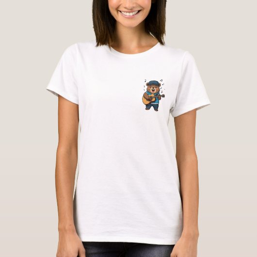 Happy Brown Bear Musician Playing Acoustic Guitar Tシャツ (正面)