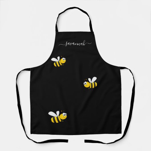 Happy bumble bees yellow black monogram chic エプロン (正面)
