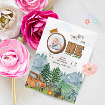 Happy Camper 1st Birthday招待状(Boy, Photo)