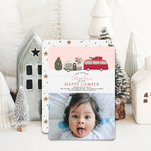 Happy Camper Christmas Pink 1st Birthday写真 招待状
