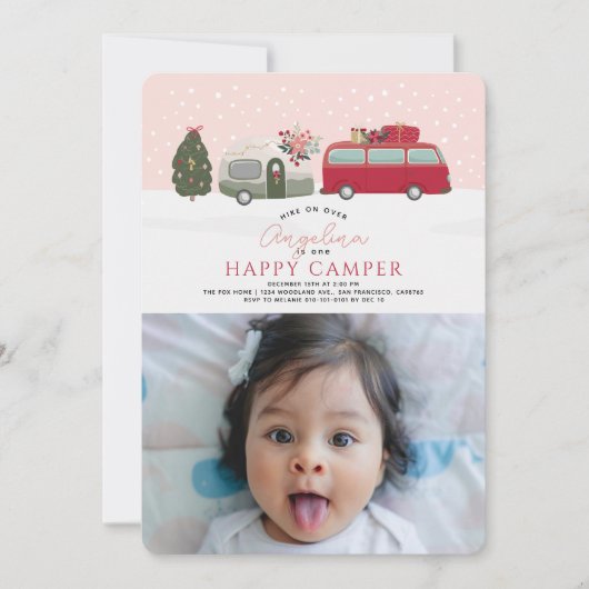 Happy Camper Christmas Pink 1st Birthday写真 招待状 (正面)