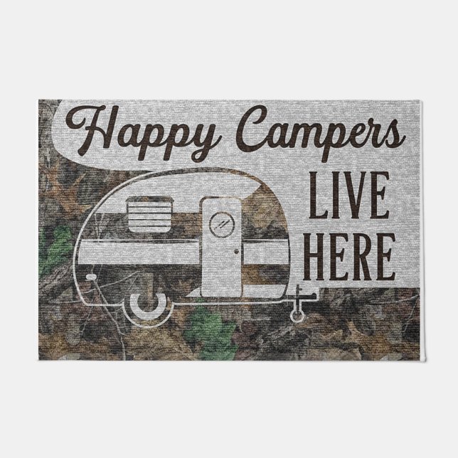 Happy Camper Lives Here Doormat, Personalized ドアマット (正面)
