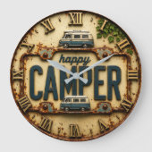 Happy Camper RV Adventure Gift Rustic Cabin ラージ壁時計 (正面)