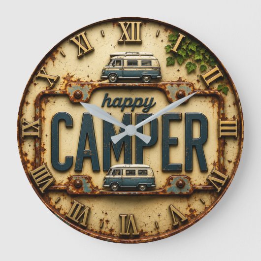 Happy Camper RV Adventure Gift Rustic Cabin ラージ壁時計 (正面)