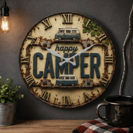 Happy Camper RV Adventure Gift Rustic Cabin ラージ壁時計