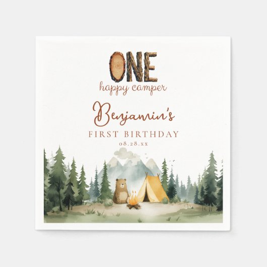 Happy Camper Teddy Bear 1st Birthday スタンダードカクテルナプキン (正面)