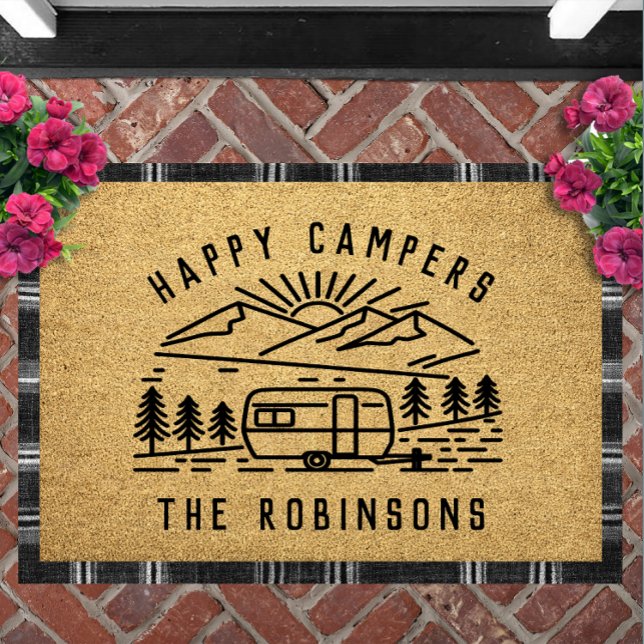 Happy Campers Personalized Custom Family Name ドアマット (Happy Campers Personalized Doormat | Custom Family Name RV Decor Camping Welcome Mat Campsite)