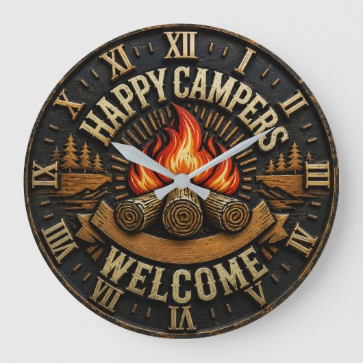Happy Campers Vintage Camper Gift ラージ壁時計 (正面)