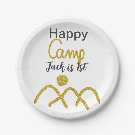 Happy camping camper one birthday kids golden sun ペーパープレート (正面)