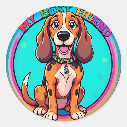 Happy Cartoon Beagle Dog 最高の My Friend ラウンドシール (正面)