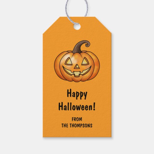 Happy Cartoon Pumpkin Orange Halloween ギフトタグ (正面)