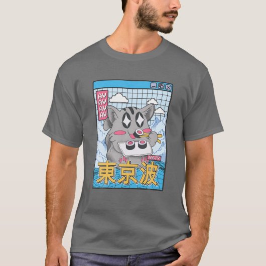 Happy Cat 食べ物's Sushi vaporwave美学アニメK Tシャツ (正面)