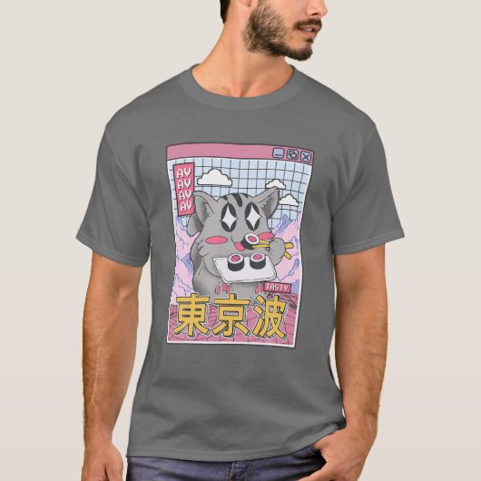 Happy Cat 食べ物's Sushi vaporwave美学アニメK Tシャツ (正面)