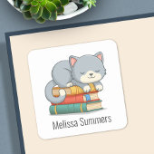 Happy Cat Book Stack Custom Name Bookplate スクエアシール