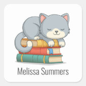 Happy Cat Book Stack Custom Name Bookplate スクエアシール (正面)