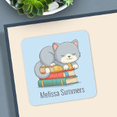 Happy Cat Book Stack Custom Name Bookplate Blue スクエアシール