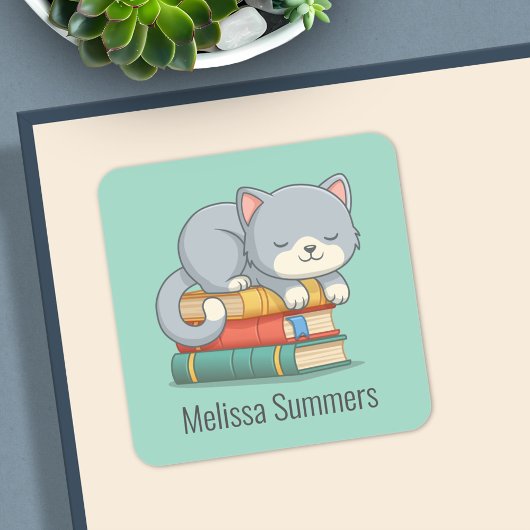 Happy Cat Book Stack Custom Name Bookplate Green スクエアシール