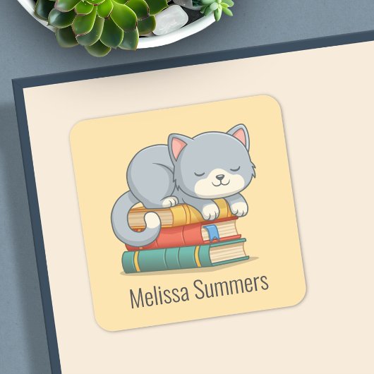 Happy Cat Book Stack Custom Name Bookplate Yellow スクエアシール