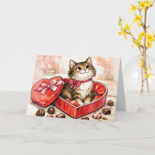 Happy Cat In a Valentine Candy Heart Box カード (黄色い花)