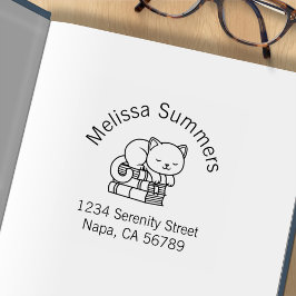 Happy Cat on a Book Stack Address蔵書票 ラバースタンプ