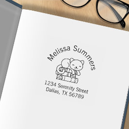 Happy Cat on a Book Stack Address蔵書票 ラバースタンプ