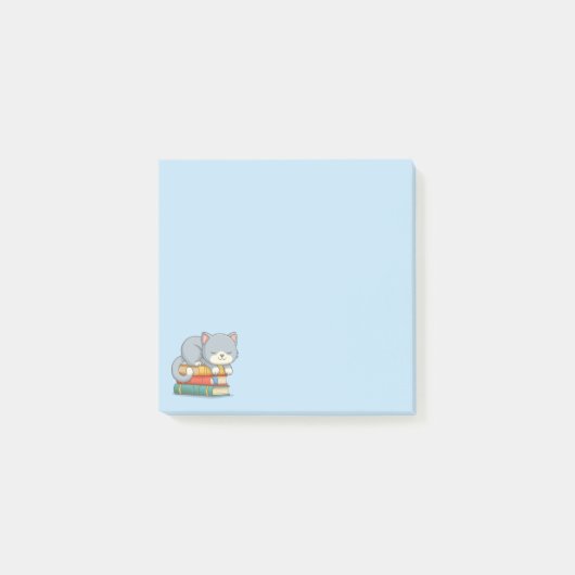 Happy Cat on top of a Book Stack Blue ポストイット (正面)