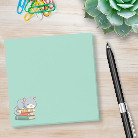 Happy Cat on top of a Book Stack Green ポストイット