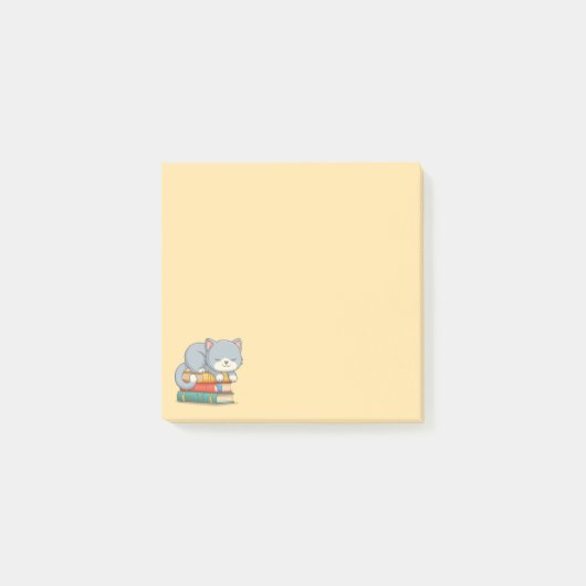 Happy Cat on top of a Book Stack Yellow ポストイット (正面)