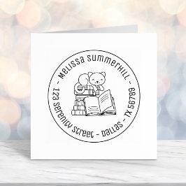 Happy Cat on top of Booksラウンドアドレス1 セルフインキングスタンプ