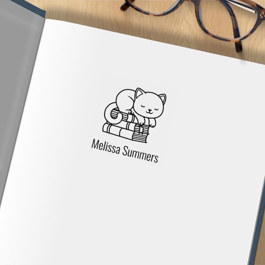 Happy Cat on top of Books蔵書票1x1 ラバースタンプ