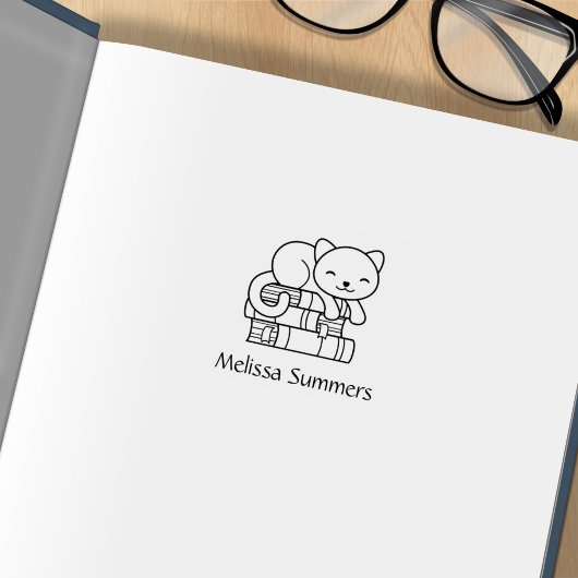 Happy Cat on top of Books蔵書票1x1 ラバースタンプ