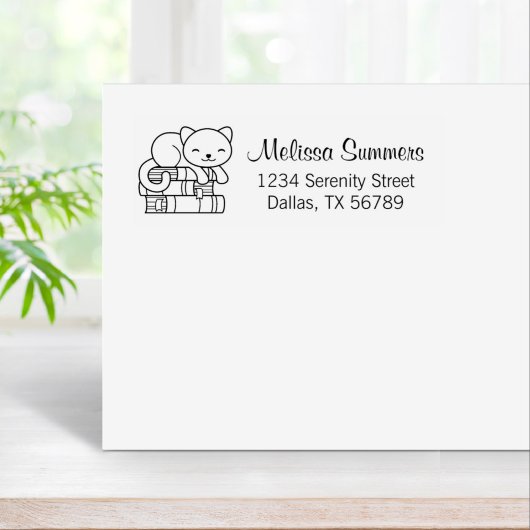 Happy Cat on top of Books Address ラバースタンプ