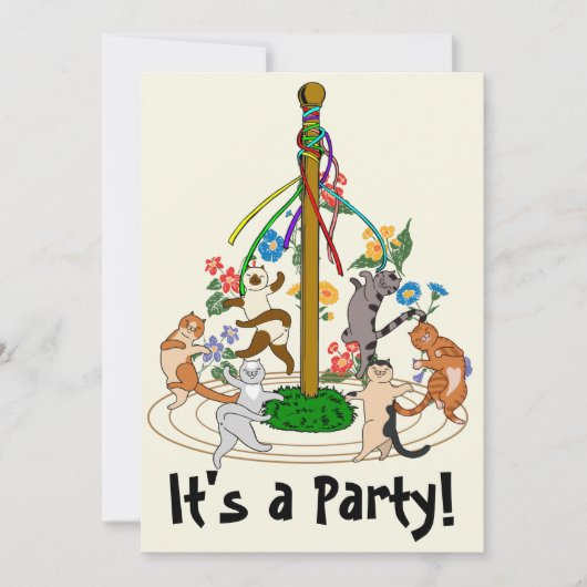 Happy Cats Dancing Around Maypole Party Invitation シーズンカード (正面)