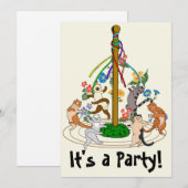 Happy Cats Dancing Around Maypole Party Invitation シーズンカード (正面/裏面)