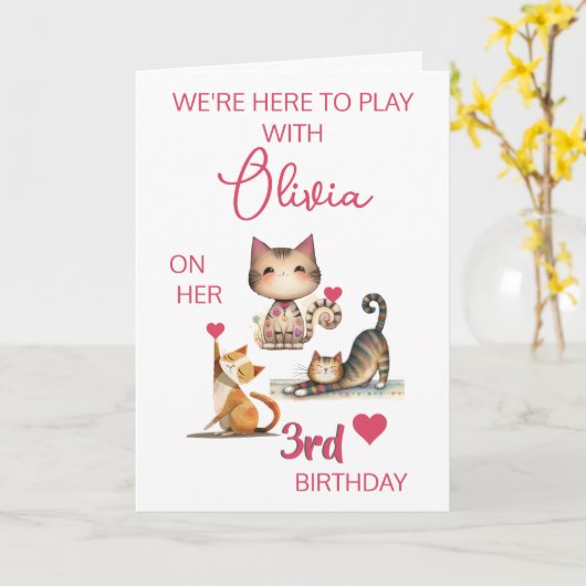 Happy Cats Girl Happy 3th Birthday (any year) カード (黄色い花)