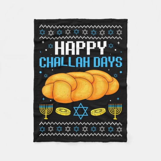 Happy Challah Days Ugly Christmas Hanukkah フリースブランケット (正面)