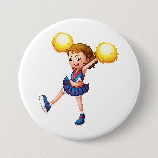 Happy Cheerleader Girl Gold Pom Poms 缶バッジ (正面)