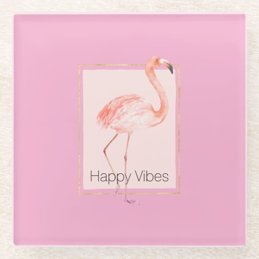 Happy Chic Pink Flamingo ガラスコースター (正面)