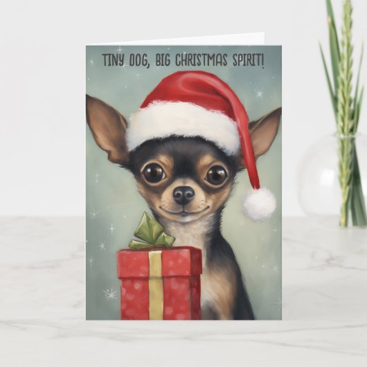 Happy Chihuahua Santa with Gift クリスマスカード カード (正面)